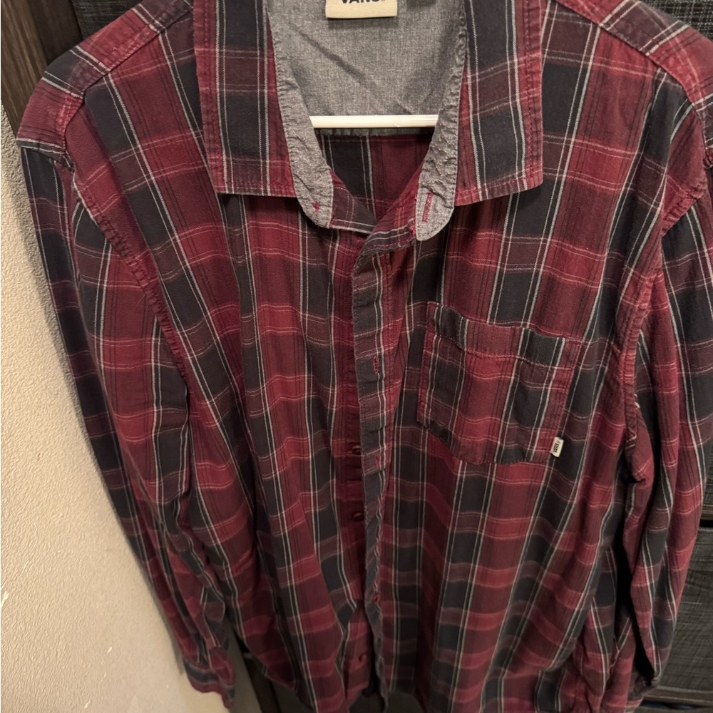 Vans Men's Burgundy and Navy Plaid Button Down Shirt